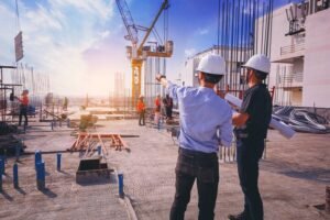 Uma cena de um canteiro de obras. Dois profissionais de engenharia estão usando capacetes de segurança brancos, observam e apontam na direção do local da obra. Um deles segura um conjunto de papéis enrolados, possivelmente representando plantas ou projetos de engenharia. Ao fundo, trabalhadores com capacetes e coletes de segurança realizam atividades em meio a estruturas de ferro e concreto, enquanto uma grua de construção está em operação.